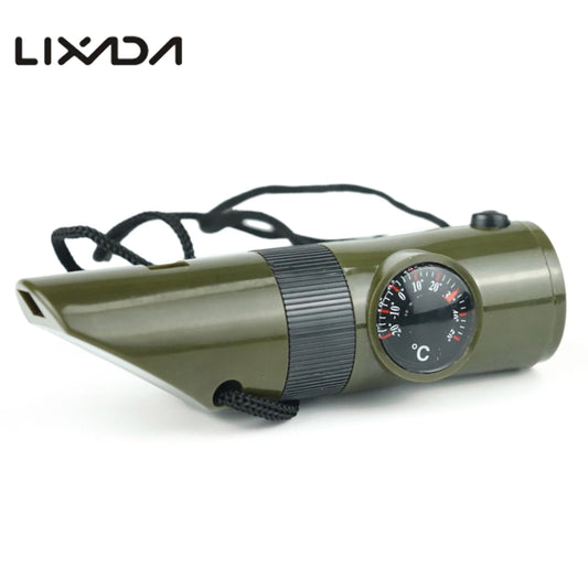 7-in-1 Emergency Whistle Multi-functional Outdoor Safety Whistle with Compass Signal Mirror LED Light for Survival Boating